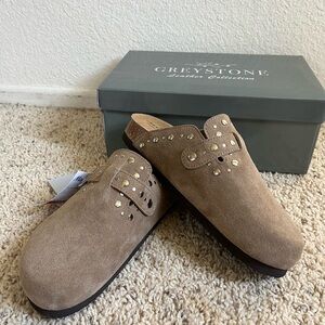 Suede Studded Slip-On Mules in Taupe Brown